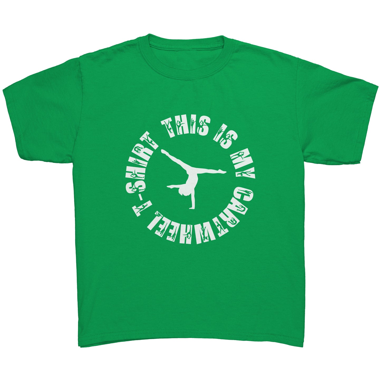 Irish Green  colored This is My Cartwheel T-Shirt Children's Gymnastics T-Shirt. The front of the shirt features a stylish circular design with the text "This is My Cartwheel T-Shirt"  in white font along with a cartwheeling gymnast.