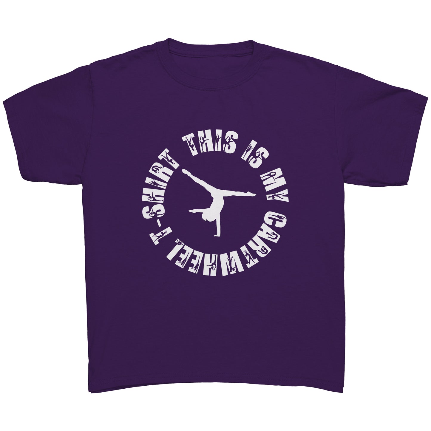 Purple  colored This is My Cartwheel T-Shirt Children's Gymnastics T-Shirt. The front of the shirt features a stylish circular design with the text "This is My Cartwheel T-Shirt"  in white font along with a cartwheeling gymnast.
