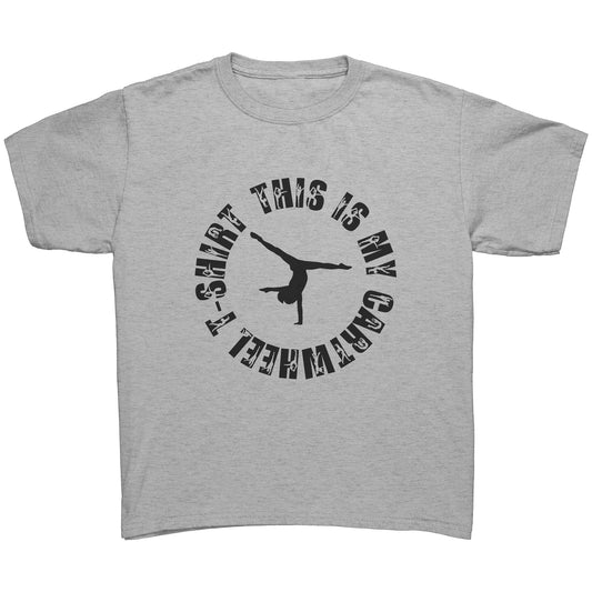 Ash  colored This is My Cartwheel T-Shirt Children's Gymnastics T-Shirt. The front of the shirt features a stylish circular design with the text "This is My Cartwheel T-Shirt"  along with a cartwheeling gymnast.