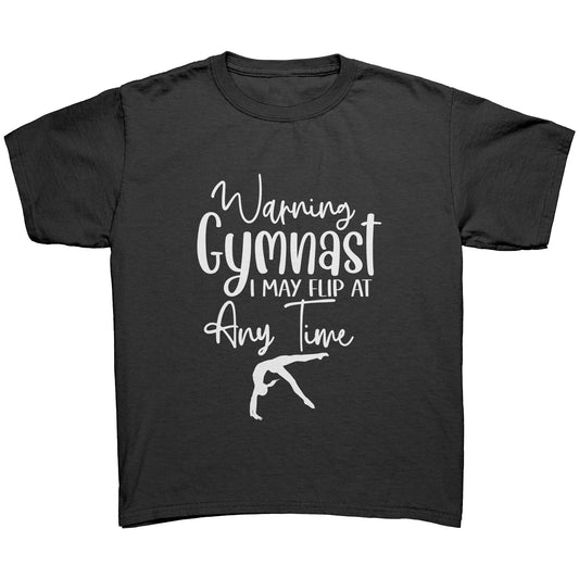 Black colored Warning Gymnast May Flip at Any Time Children's T-shirt. This t-shirt says Warning Gymnast, I may Flip at Any Time in white front and features a gymnast doing a back handspring.