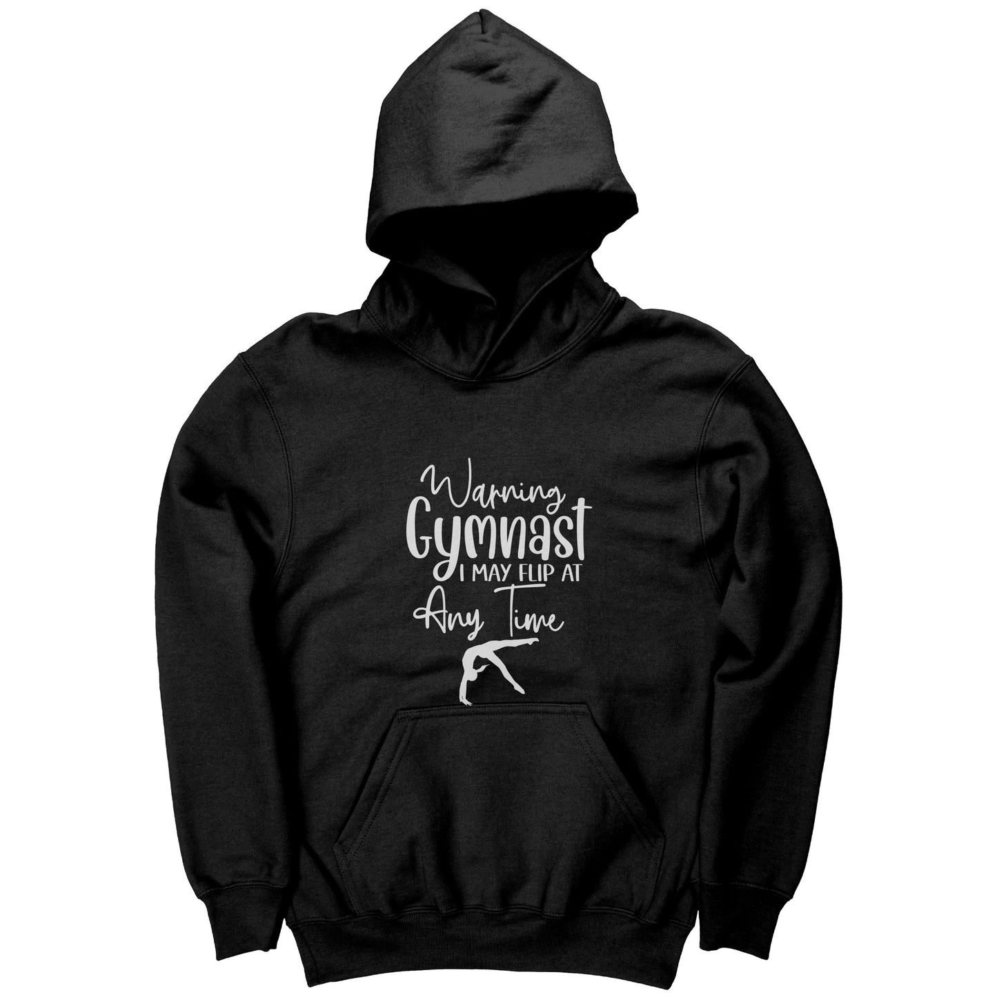 Black colored Warning Gymnast May Flip at Any Time Children's T-shirt. This hoodie says Warning Gymnast, I may Flip at Any Time in white front and features a gymnast doing a back handspring.