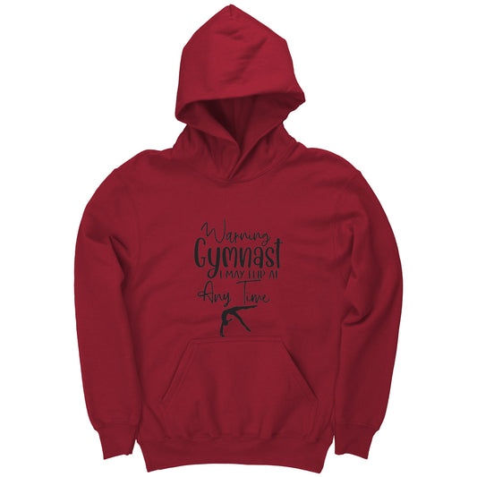 Cardinal Redcolored Warning Gymnast May Flip at Any Time Children's hoodie. This hoodie says Warning Gymnast, I may Flip at Any Time in black font and features a gymnast doing a back handspring.