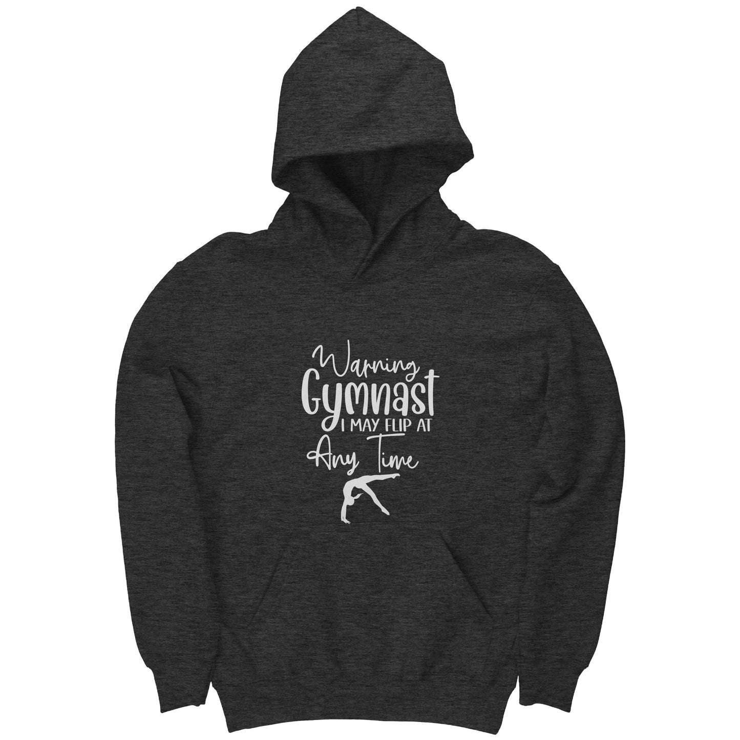 Dark Charcoal colored Warning Gymnast May Flip at Any Time Children's T-shirt. This hoodie says Warning Gymnast, I may Flip at Any Time in white front and features a gymnast doing a back handspring.