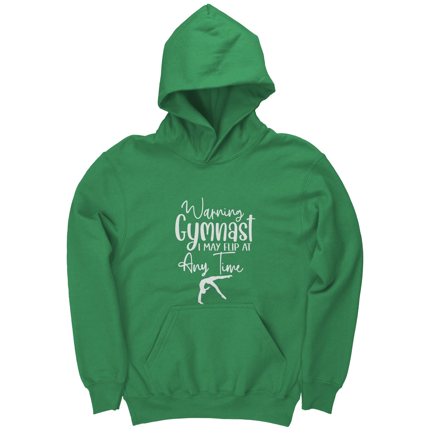 Irish Green colored Warning Gymnast May Flip at Any Time Children's T-shirt. This hoodie says Warning Gymnast, I may Flip at Any Time in white front and features a gymnast doing a back handspring.