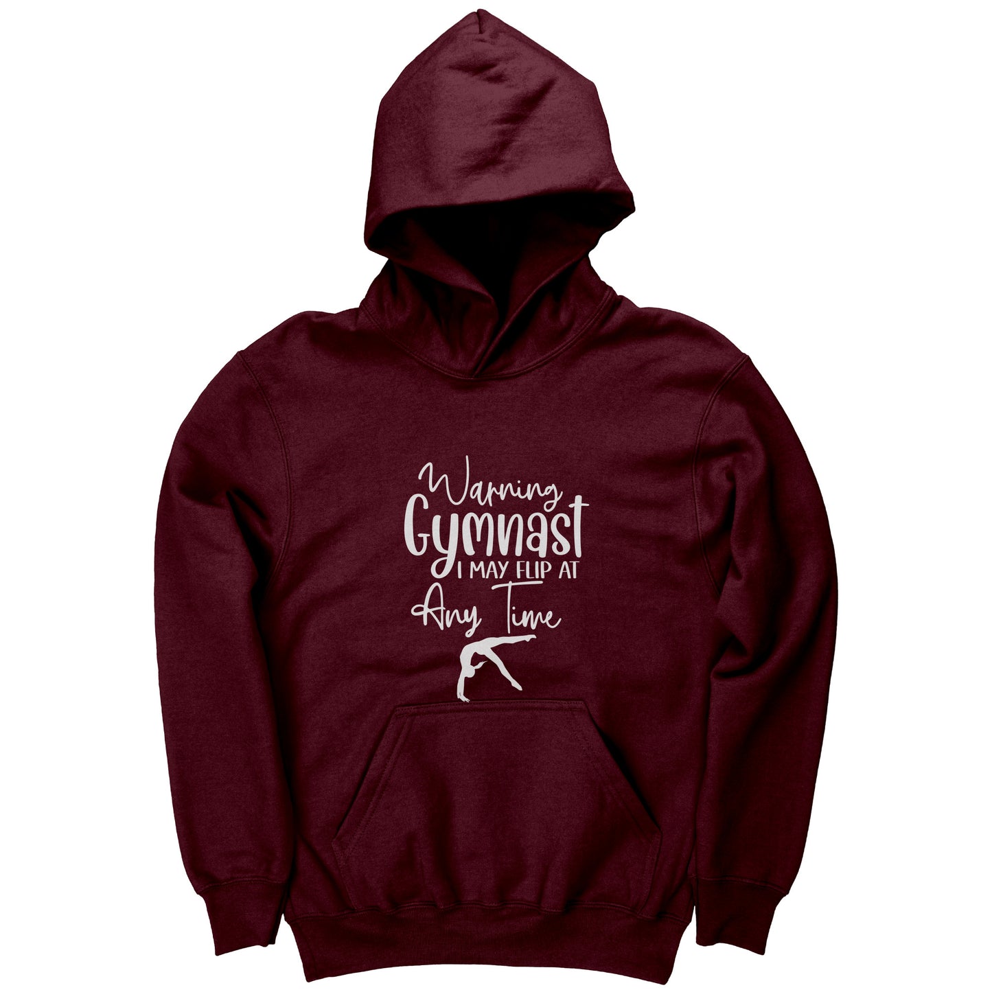 Maroon colored Warning Gymnast May Flip at Any Time Children's T-shirt. This hoodie says Warning Gymnast, I may Flip at Any Time in white front and features a gymnast doing a back handspring.