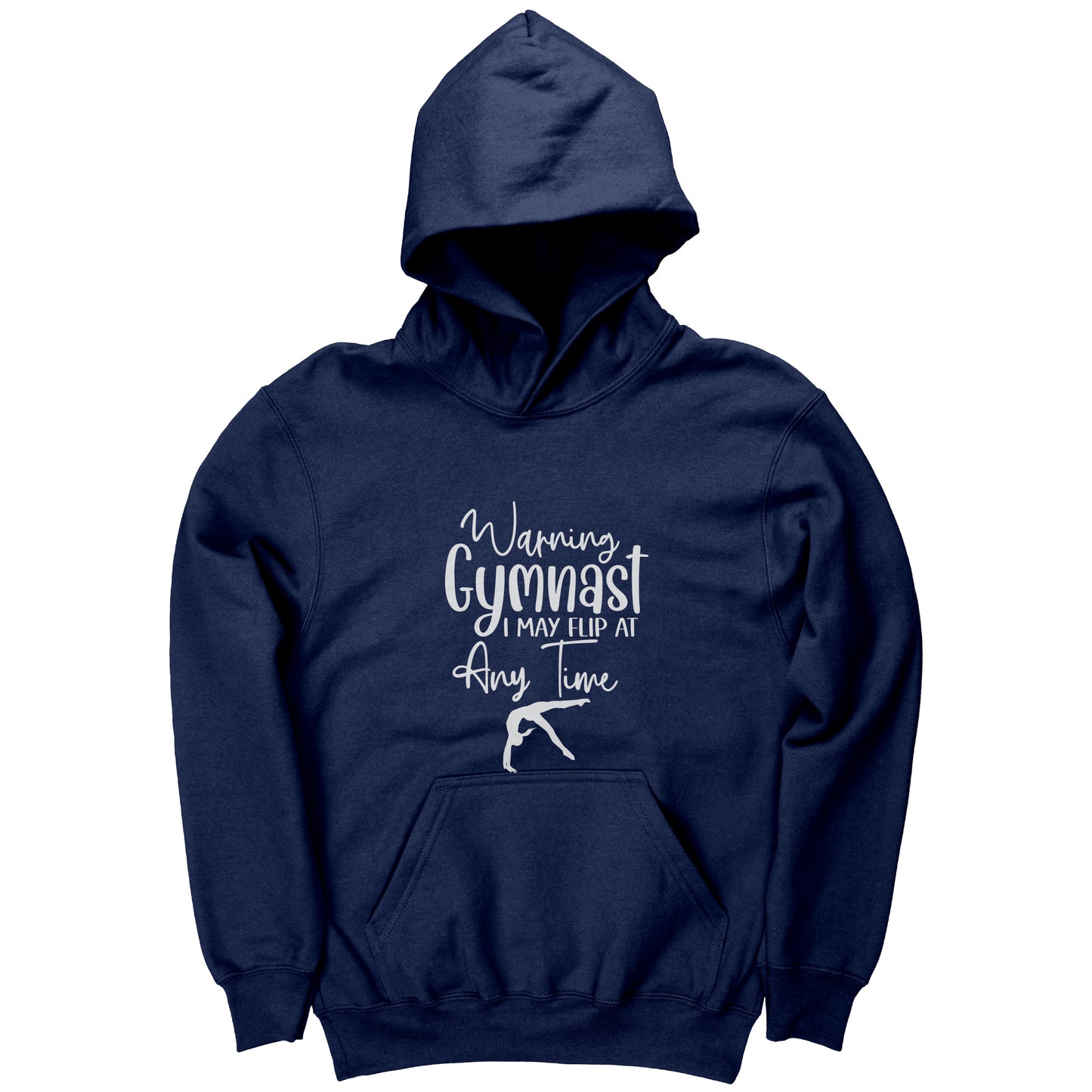 Navy colored Warning Gymnast May Flip at Any Time Children's T-shirt. This hoodie says Warning Gymnast, I may Flip at Any Time in white front and features a gymnast doing a back handspring.