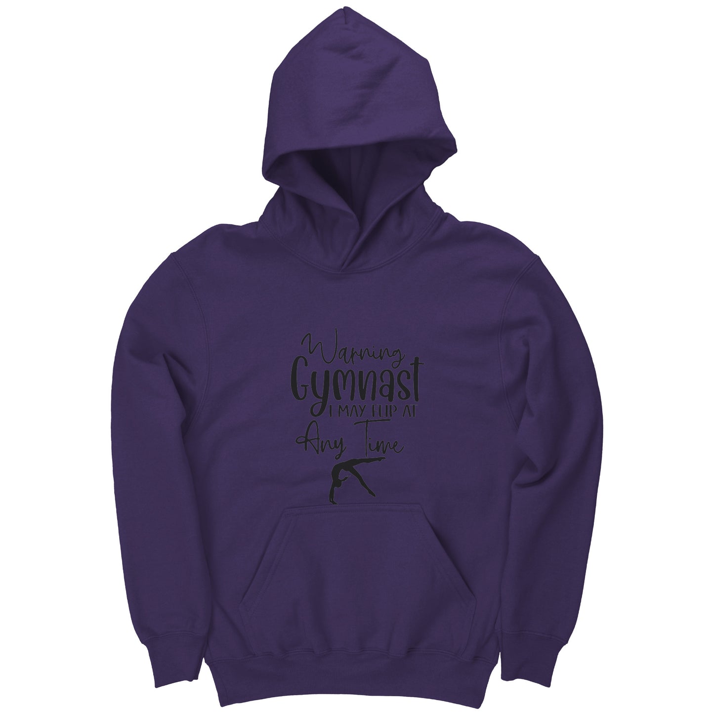 Purple colored Warning Gymnast May Flip at Any Time Children's hoodie. This hoodie says Warning Gymnast, I may Flip at Any Time in black font and features a gymnast doing a back handspring.