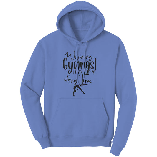 Carolina Blue colored Warning Gymnast May Flip at Any Time Women's Hoodie. This hoodie says Warning Gymnast, I may Flip at Any Time in black front and features a gymnast doing a back handspring.