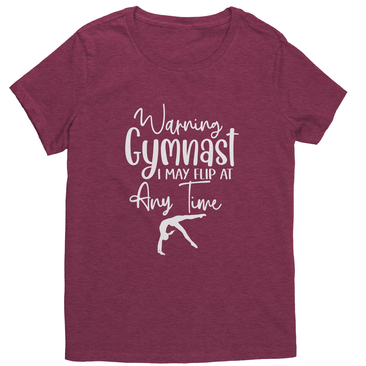 Heathered Loganberry colored Warning Gymnast May Flip at Any Time Women's T-shirt. This t-shirt says Warning Gymnast, I may Flip at Any Time in white font and features a gymnast doing a back handspring.