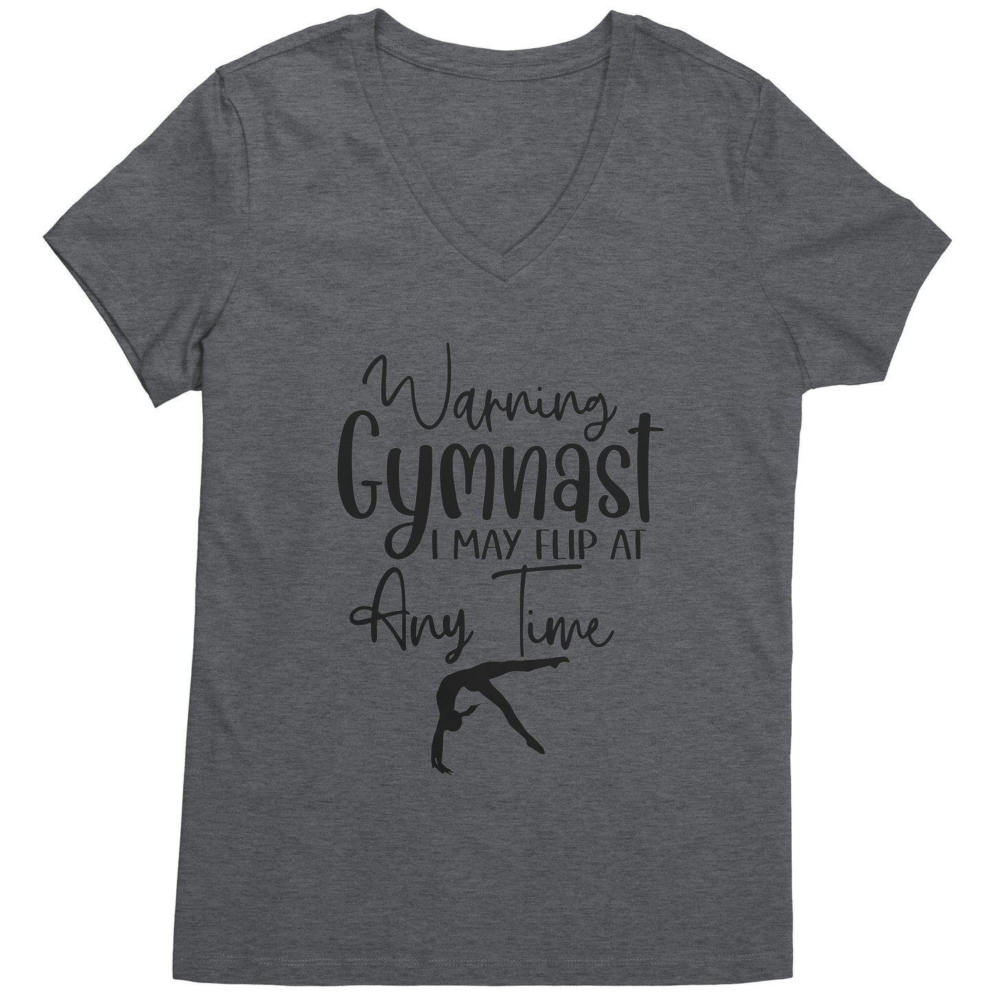 Medium Grey  colored Warning Gymnast May Flip at Any Time Women's T-shirt. This t-shirt says Warning Gymnast, I may Flip at Any Time in black front and features a gymnast doing a back handspring.