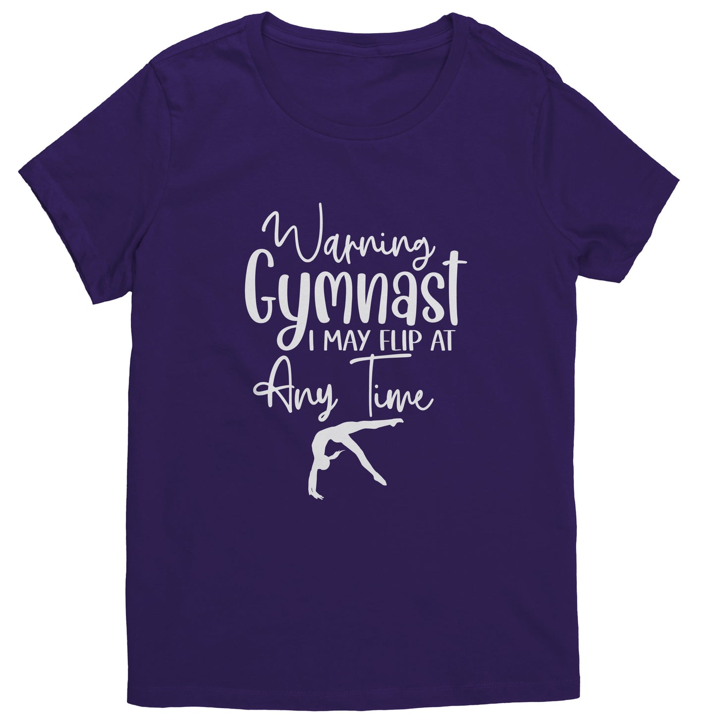 Purple colored Warning Gymnast May Flip at Any Time Women's T-shirt. This t-shirt says Warning Gymnast, I may Flip at Any Time in white font and features a gymnast doing a back handspring.