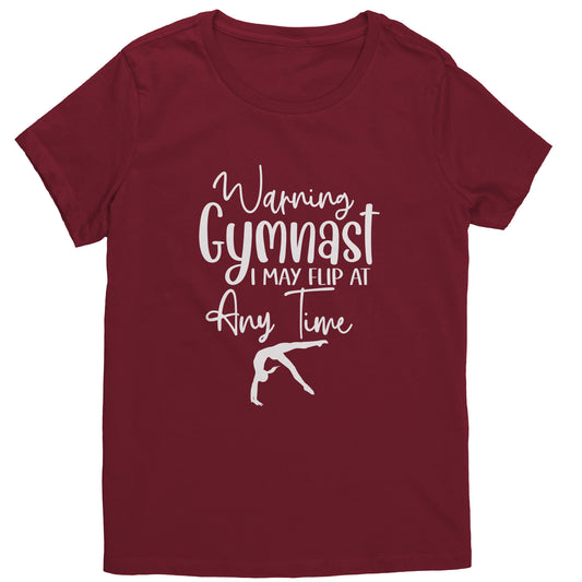 Cardinal Red colored Warning Gymnast May Flip at Any Time Women's T-shirt. This t-shirt says Warning Gymnast, I may Flip at Any Time in white font and features a gymnast doing a back handspring.