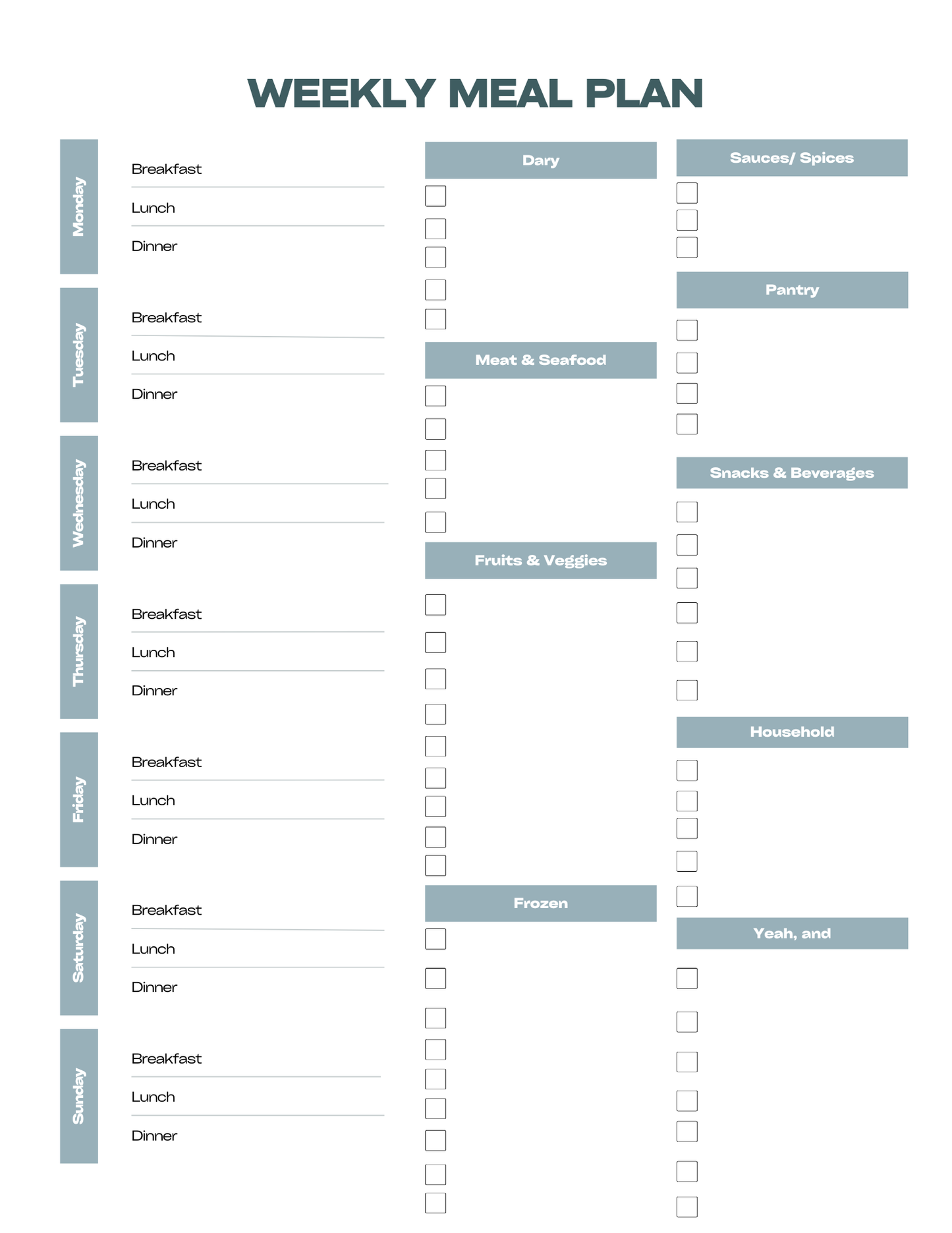 Weekly Menu Planner and Shopping List