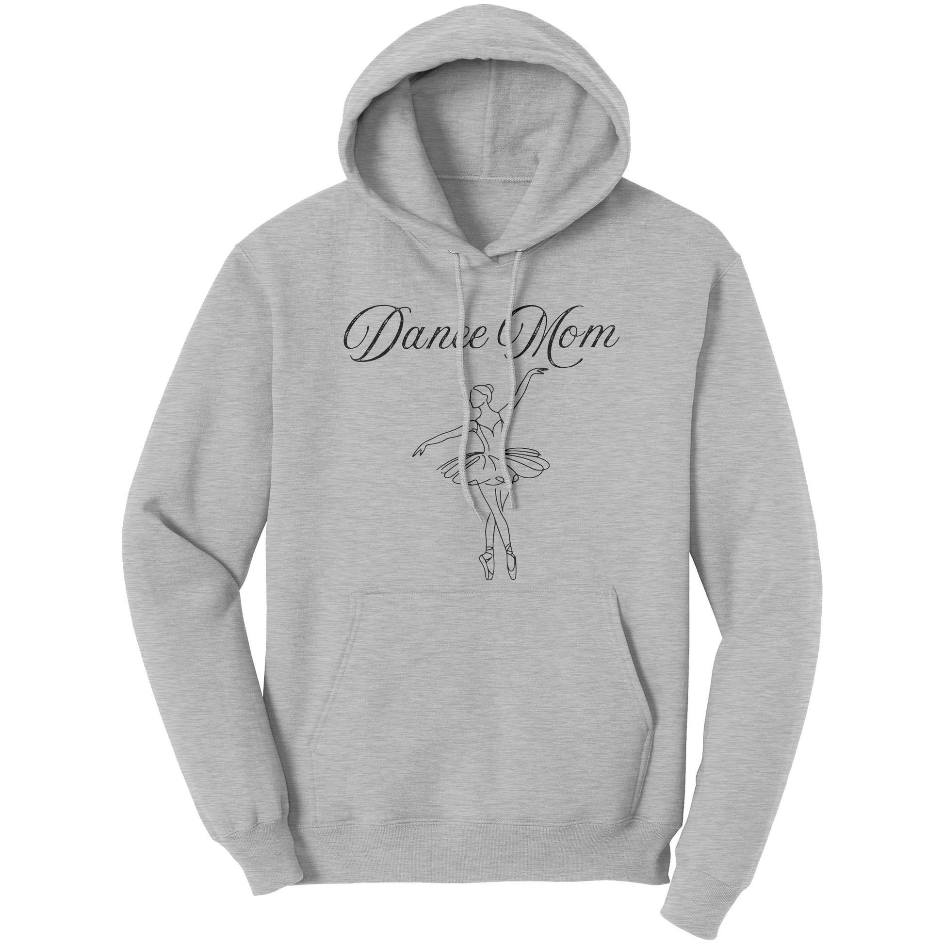 Ash grey Women's Dance Mom Ballerina Design Hoodie. This hoodie says dance mom in a beautiful black script font and features a lovely ballerina drawing on the front.