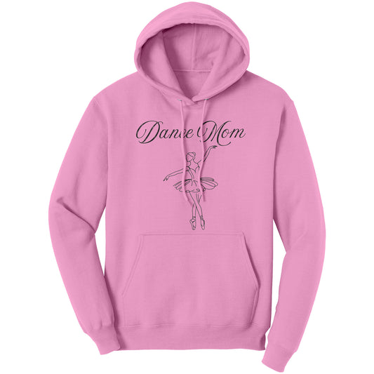 Light Pink Women's Dance Mom Ballerina Design Hoodie. This hoodie says dance mom in a beautiful black script font and features a lovely ballerina drawing on the front.