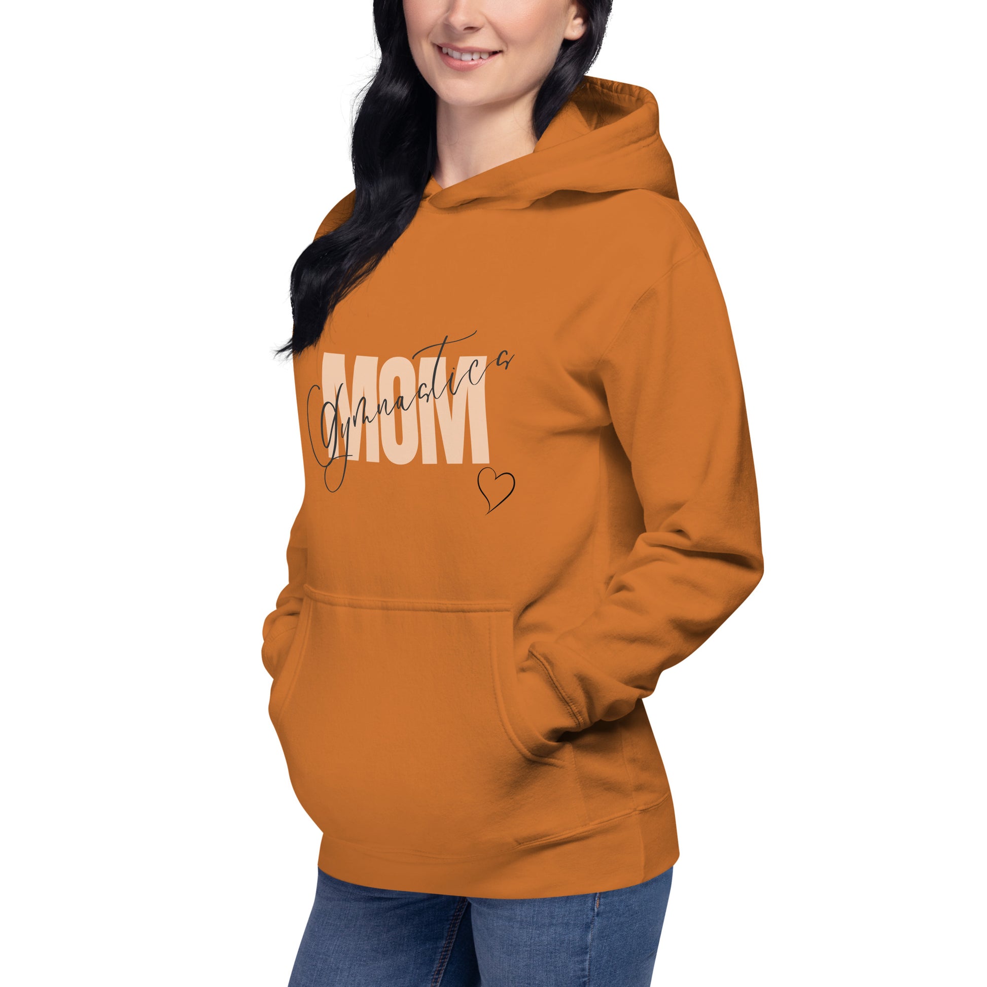 Rust orange hoodie with front kangaroo pocket, hood, and MOM heart print