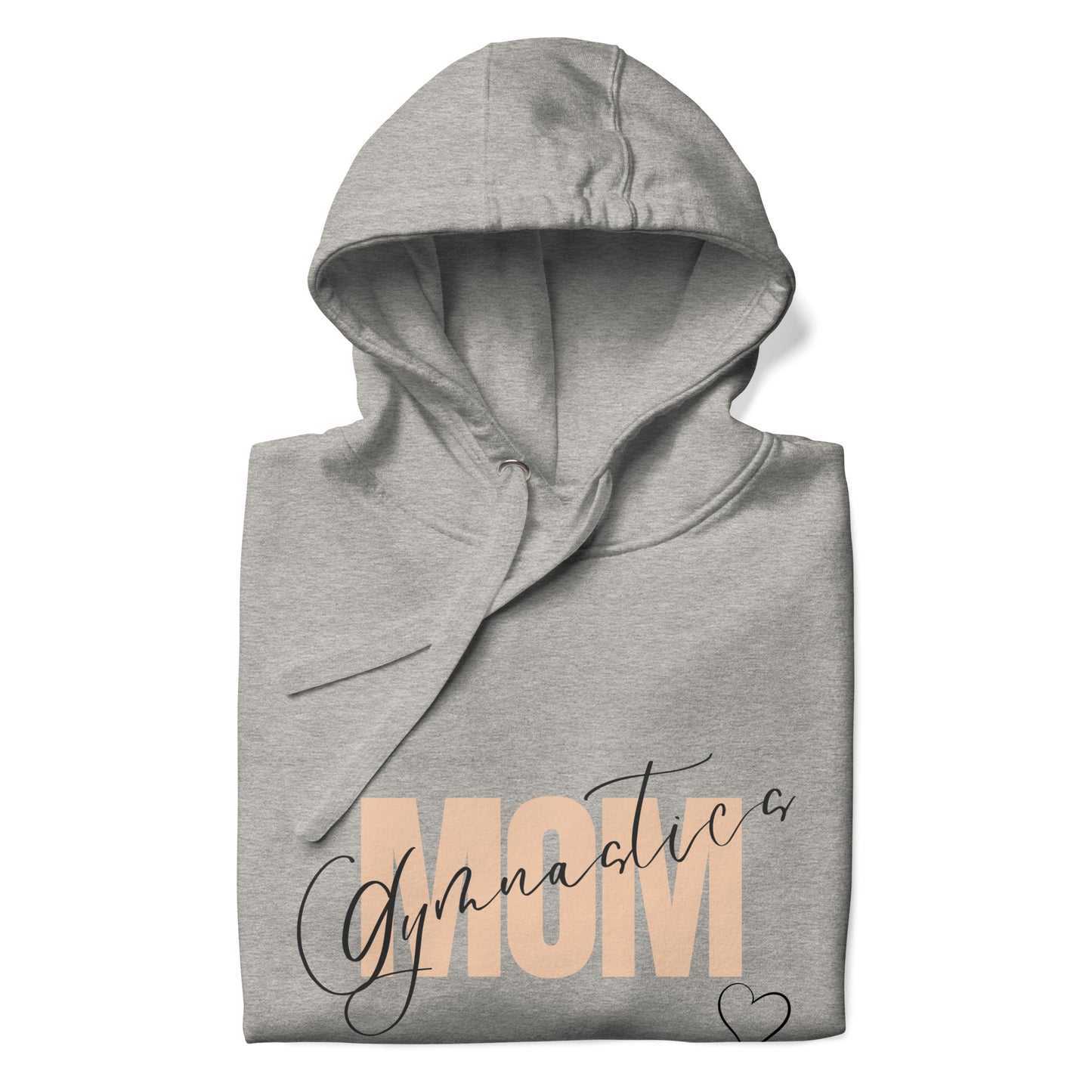 Carbon gray pullover hoodie with “Gymnastic MOM” graphic and small heart near hem