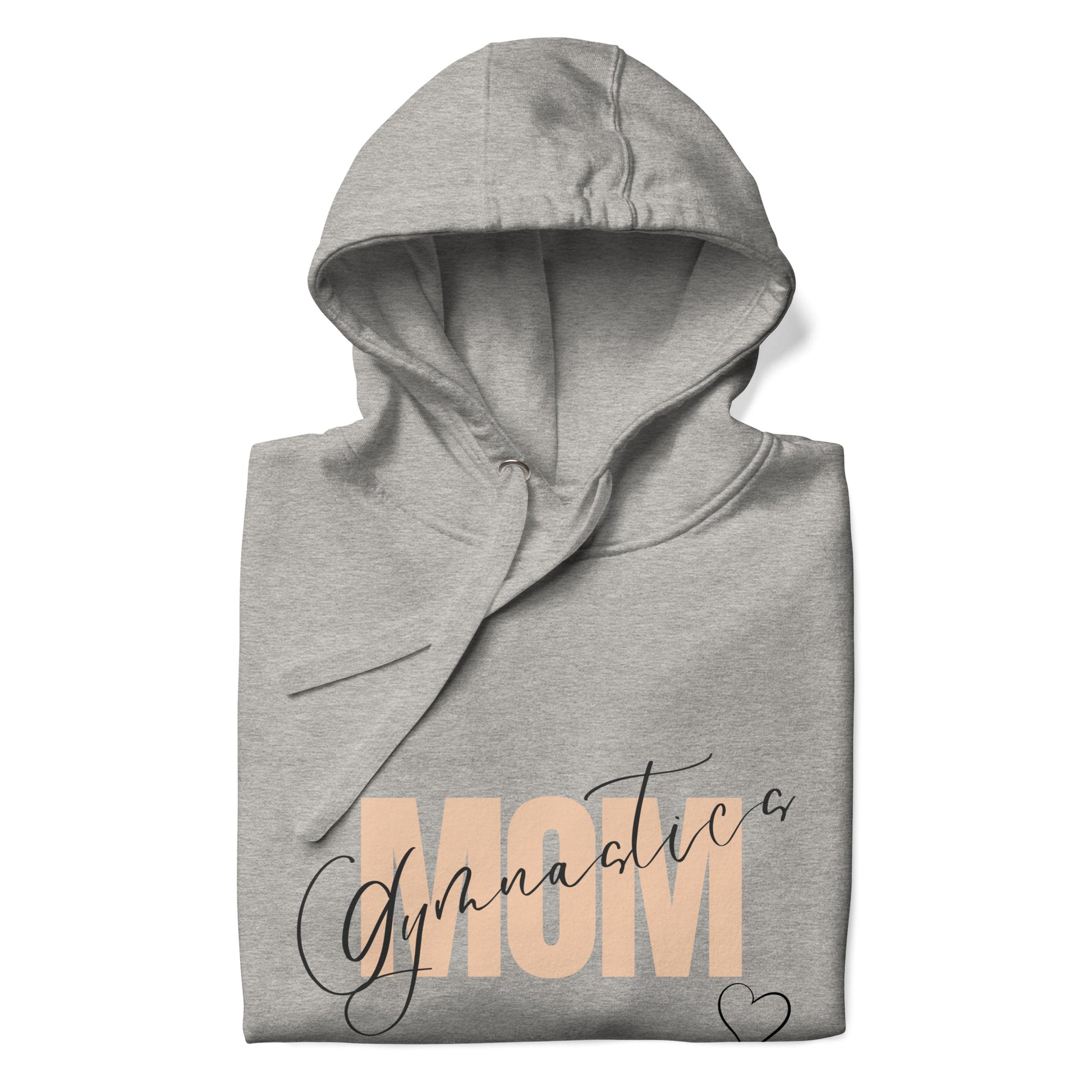 Carbon gray pullover hoodie with “Gymnastic MOM” graphic and small heart near hem