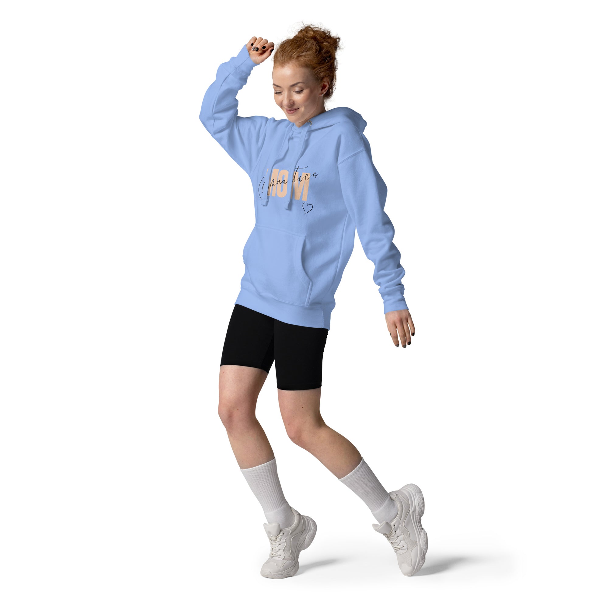 Light blue pullover hoodie with “Gymnastic MOM” graphic and heart on front