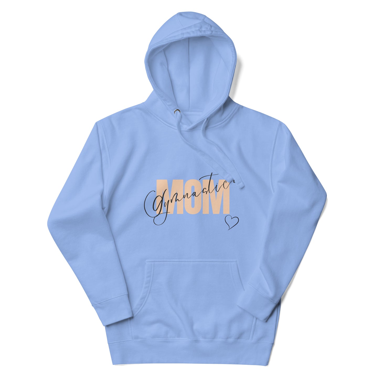 Sky Blue hoodie with front pocket and cursive Gymnastic graphic with heart