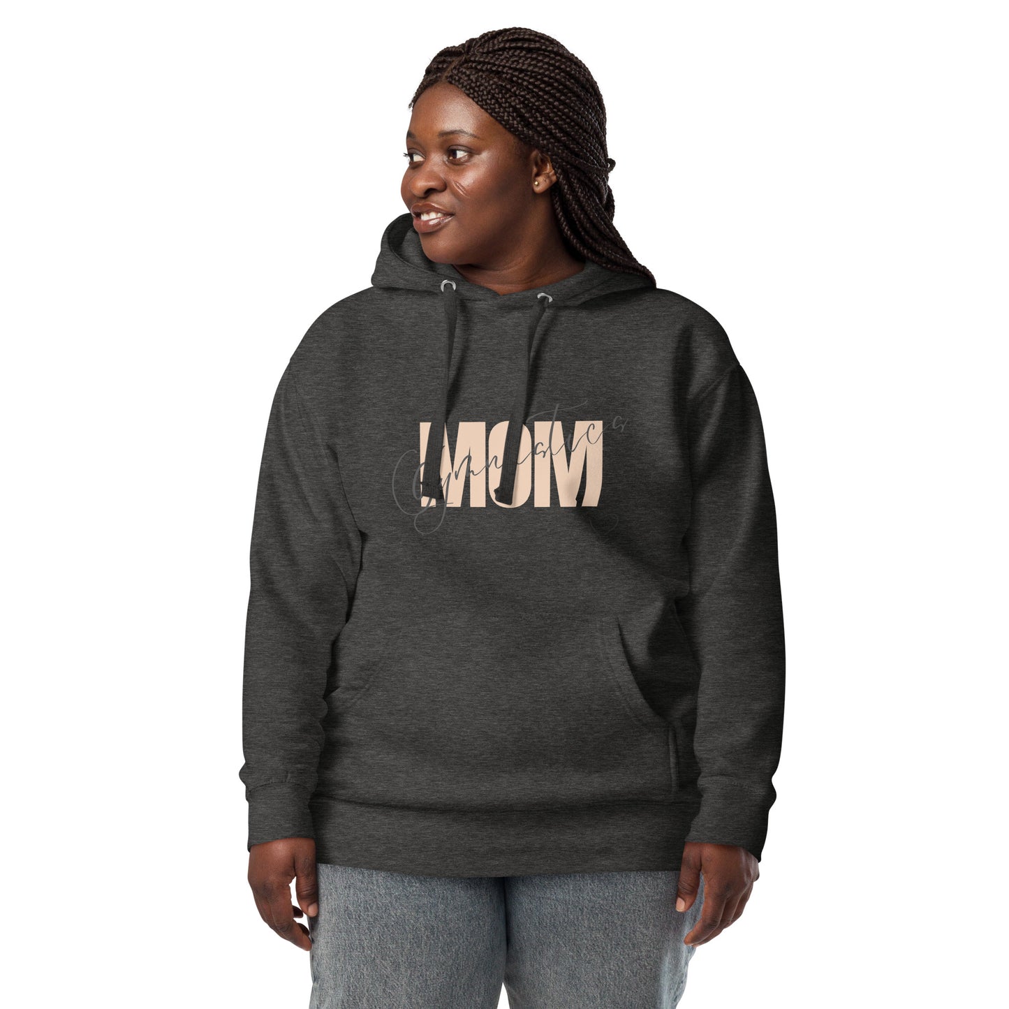 Charcoal gray hoodie with front kangaroo pocket, hood, and MOM heart print