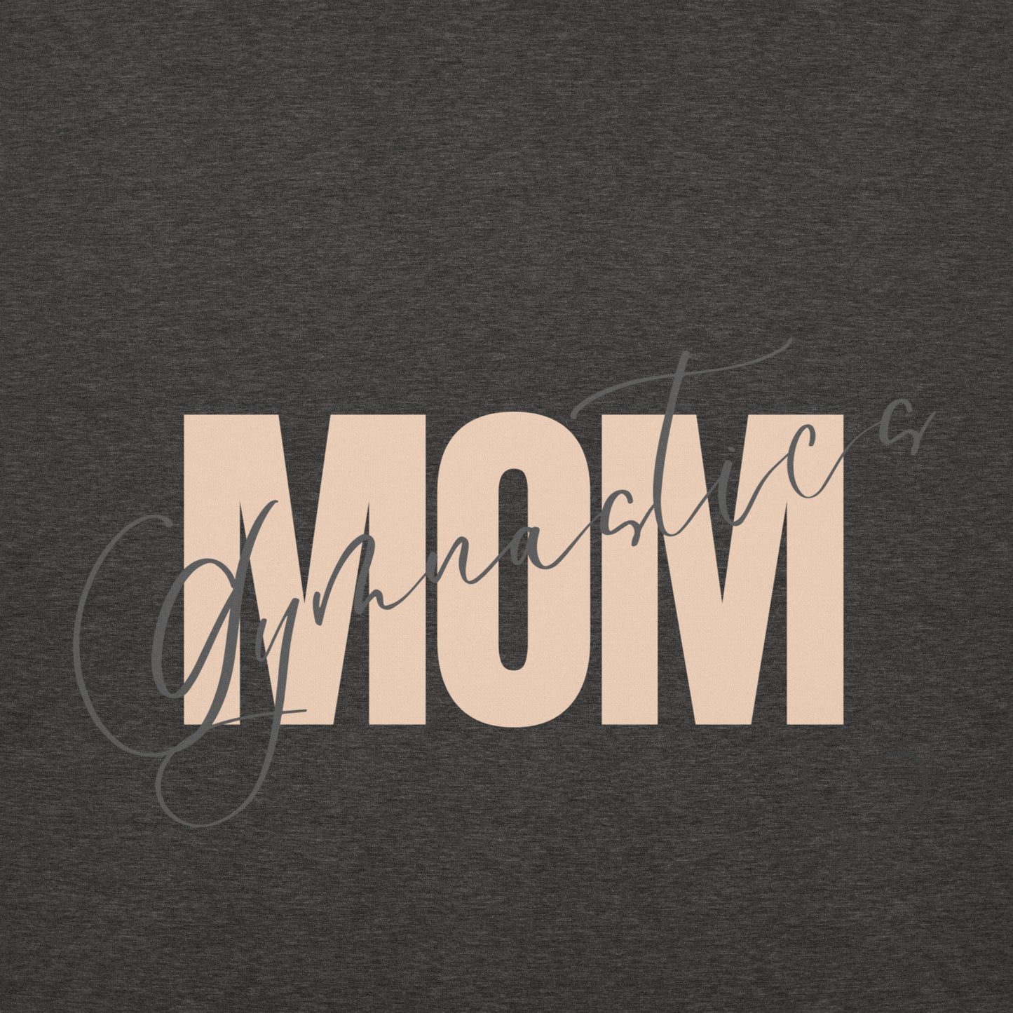 Gymnastics mom hoodie in charcoal with “MOM” graphic and heart