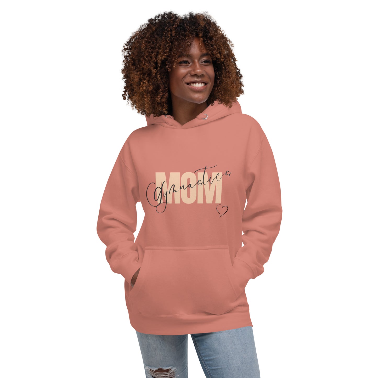 Dusty rose pullover hoodie with “Gymnastic MOM” logo and heart on the chest