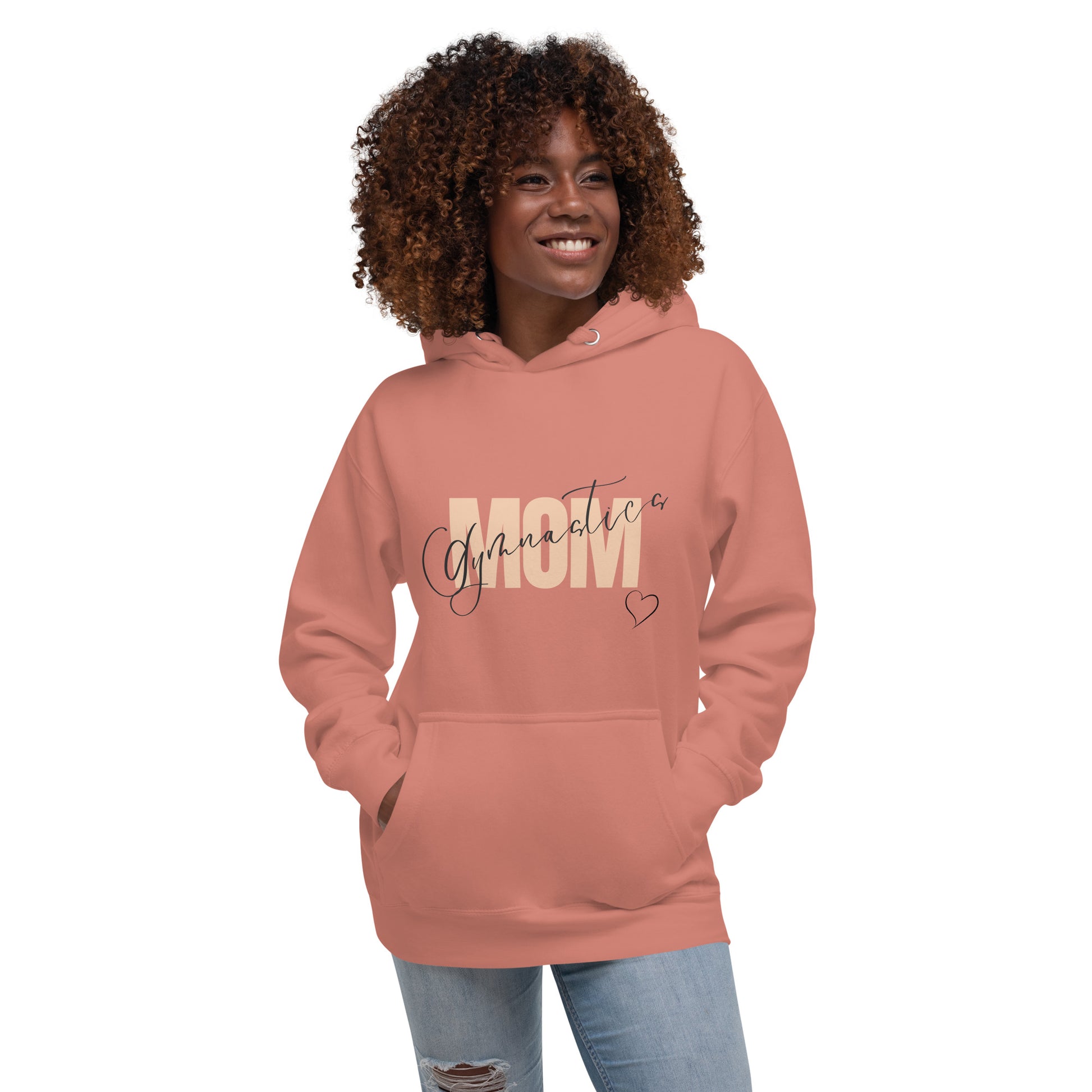 Dusty rose pullover hoodie with “Gymnastic MOM” logo and heart on the chest