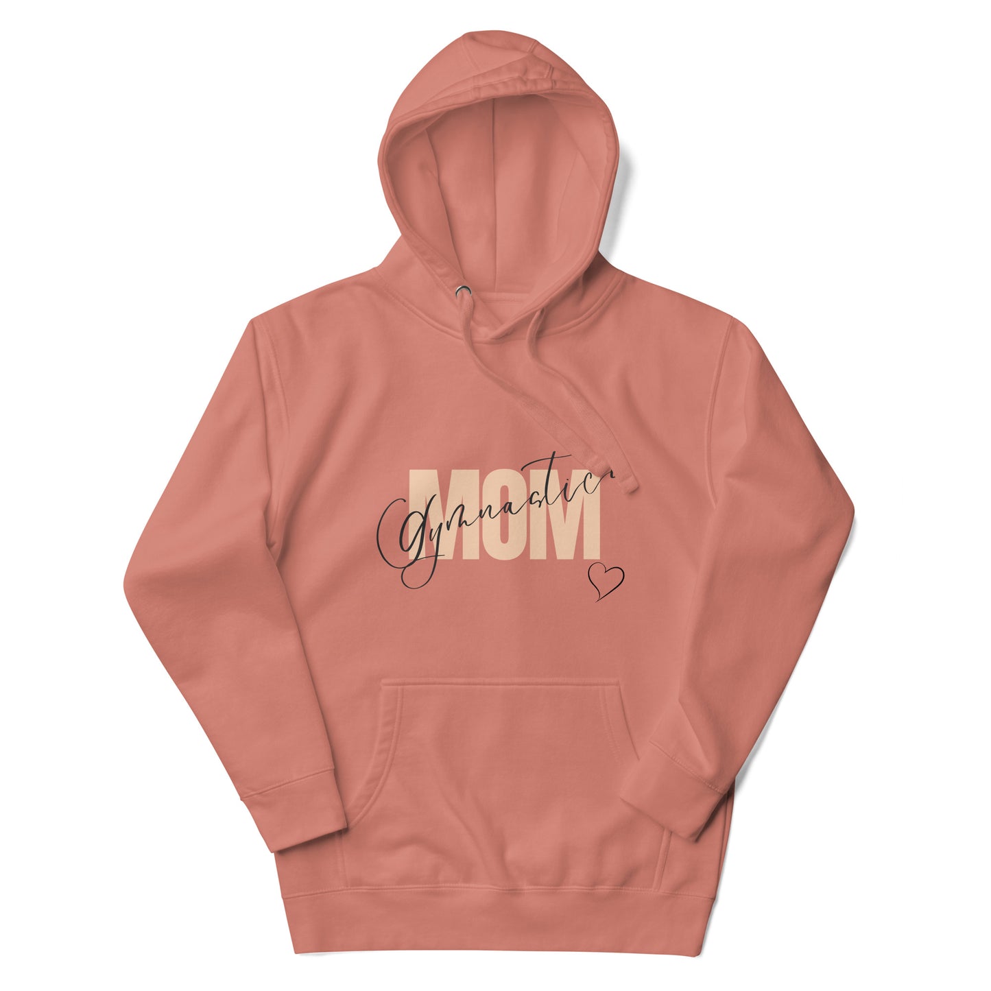 Blush pink pullover hoodie with “Gymnastic MOM” graphic and small heart at chest