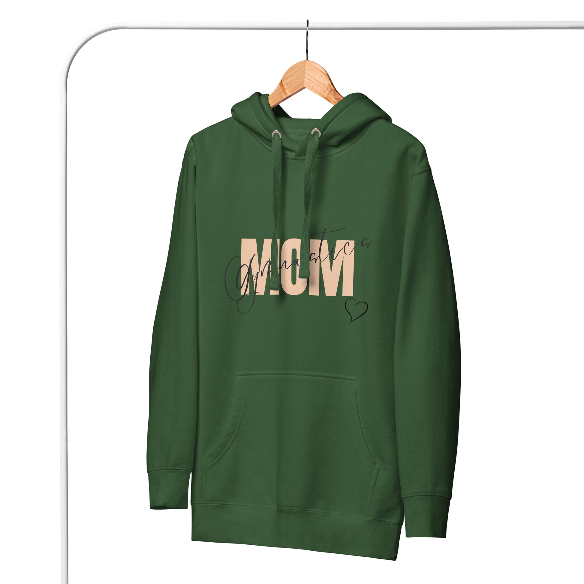 Forest green hoodie hanging on hook, with hood, kangaroo pocket, and MOM heart print