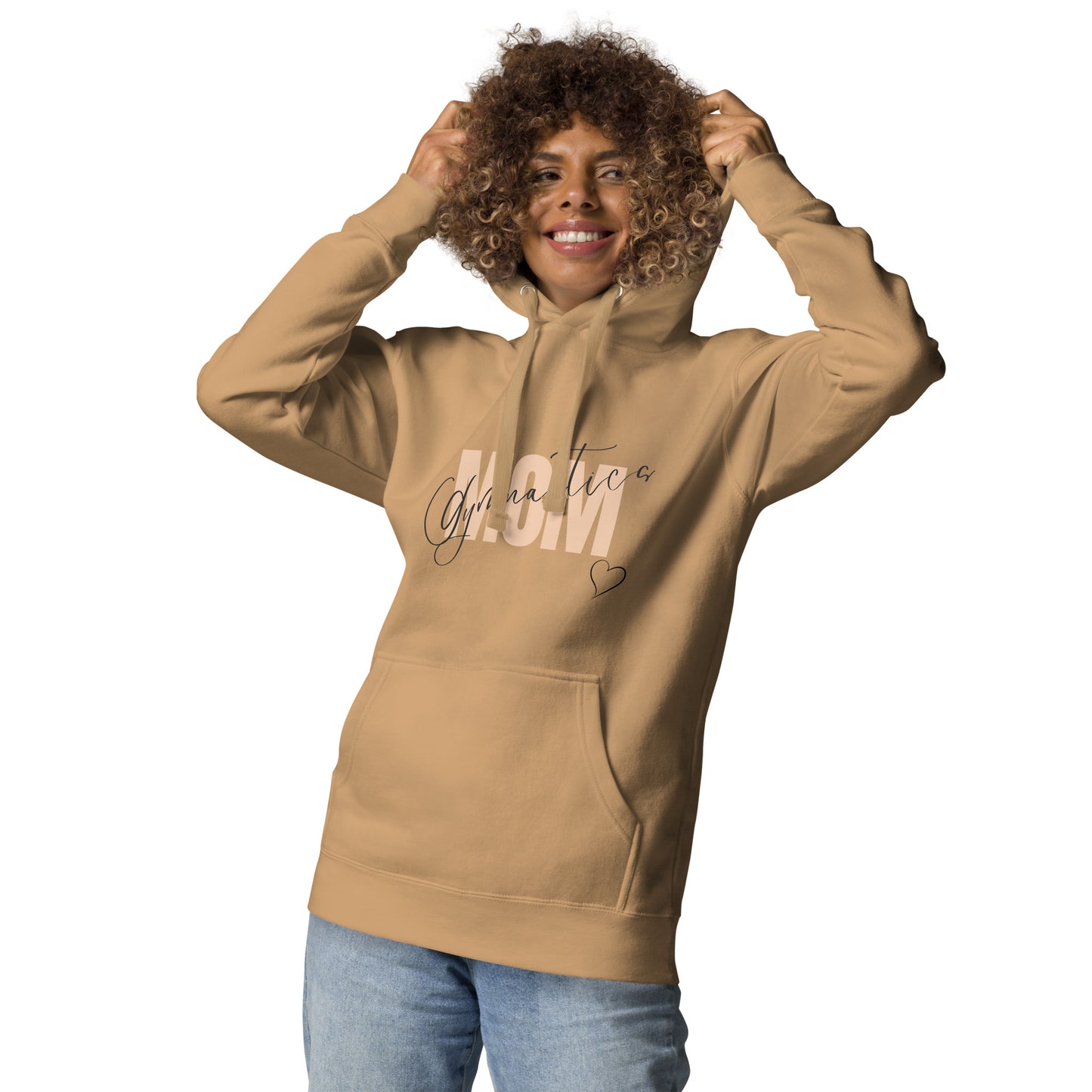 Khaki tan hoodie with front kangaroo pocket, hood, and MOM heart print