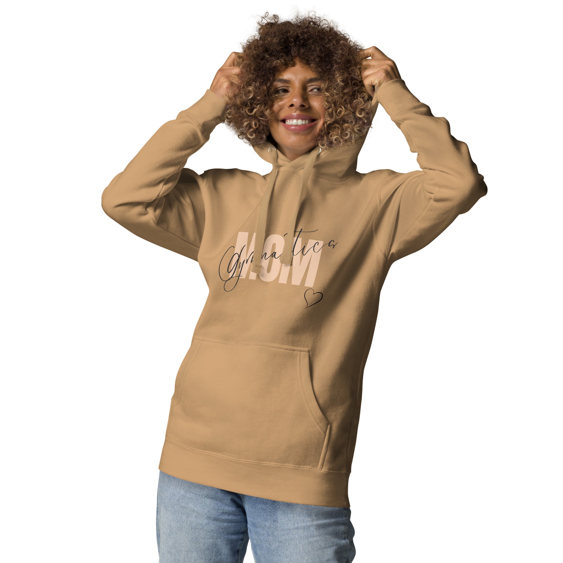 Khaki tan hoodie with front kangaroo pocket, hood, and MOM heart print