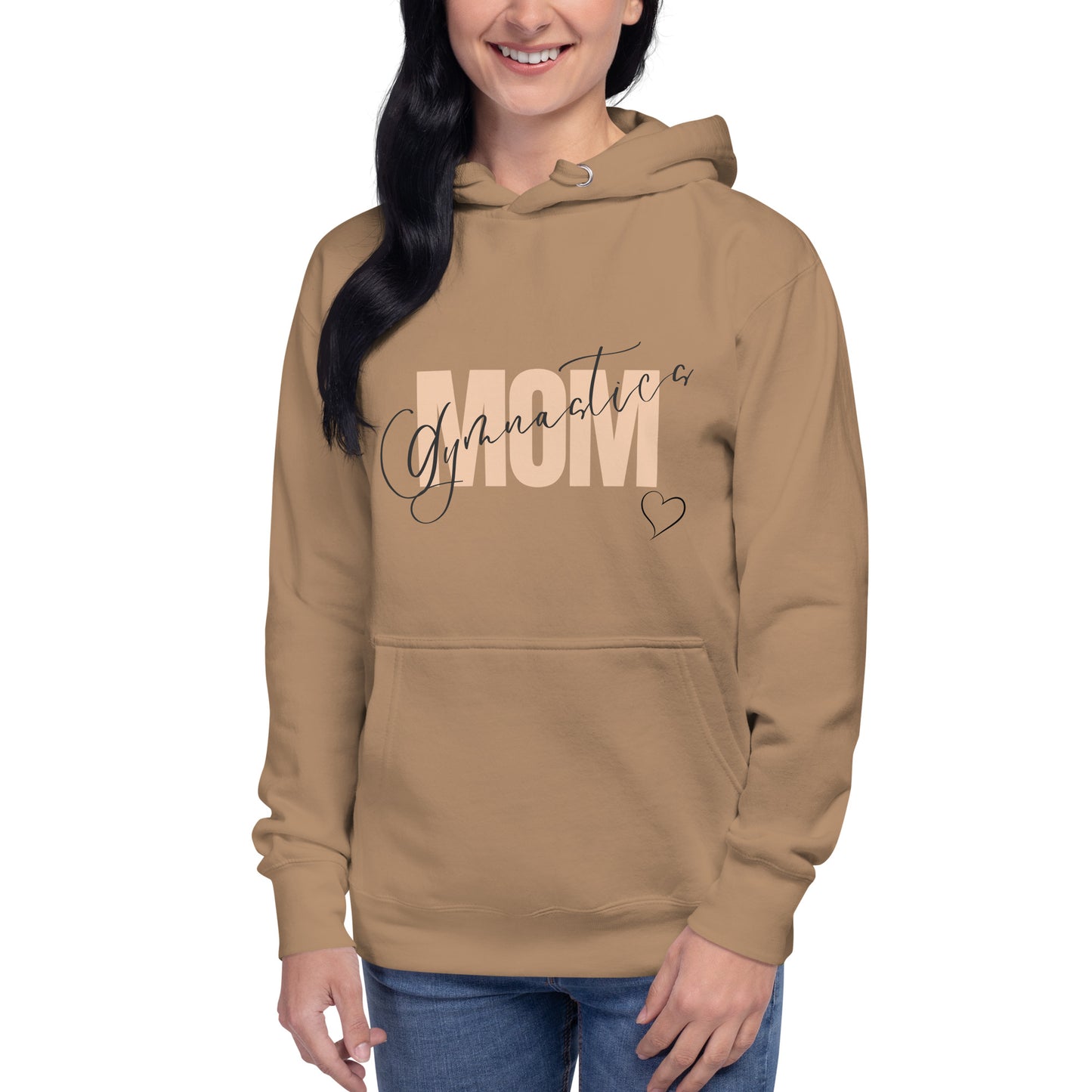 Latte brown pullover hoodie with front “Gymnastic MOM” graphic and small heart
