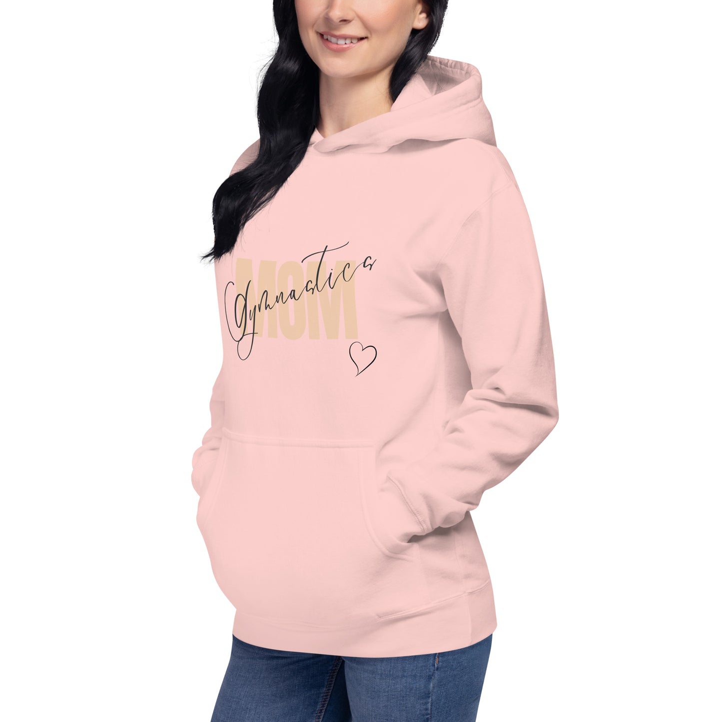 Light pink pullover hoodie with “Gymnastic MOM” graphic and heart on the chest