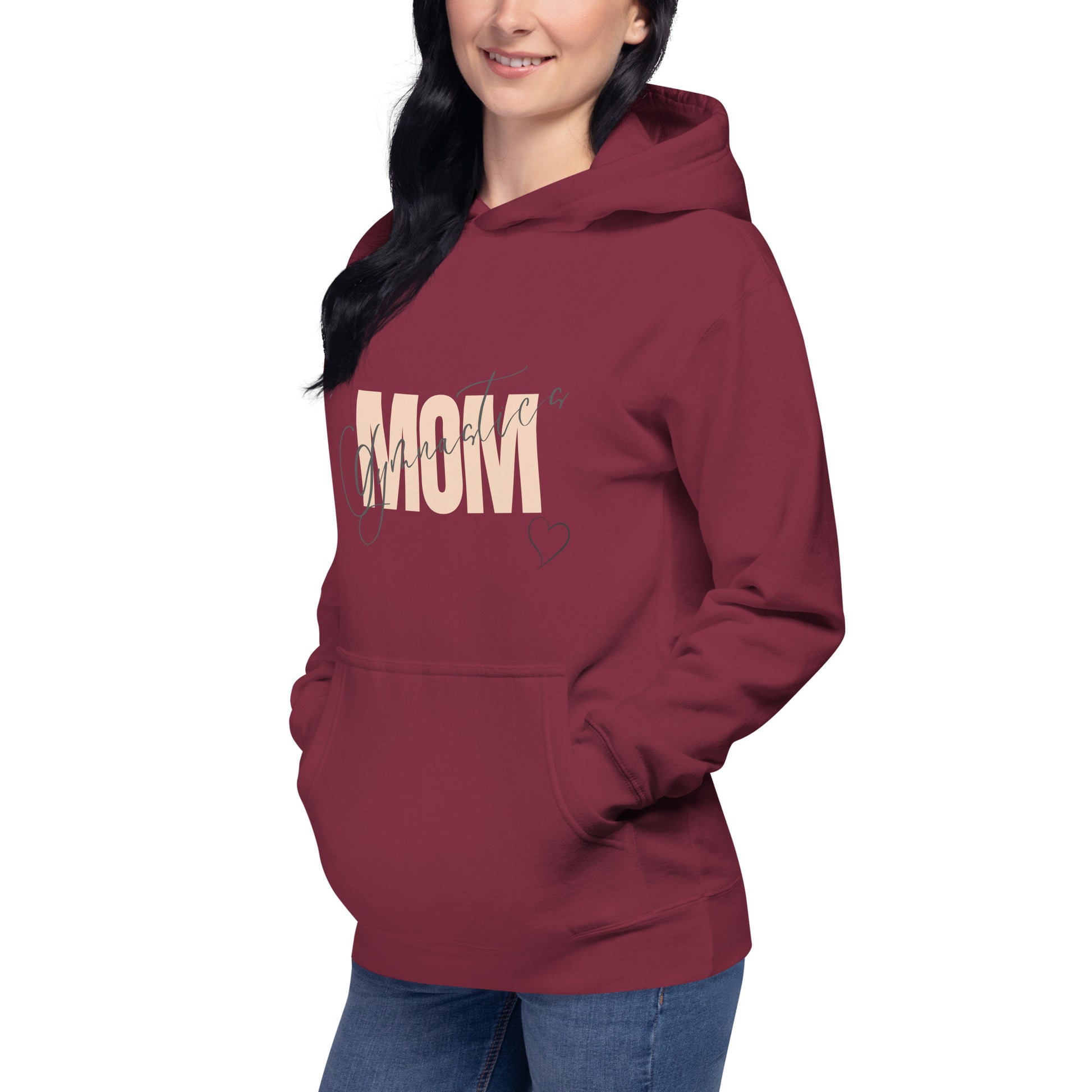 Maroon hoodie with front kangaroo pocket, hood, and MOM heart print on chest