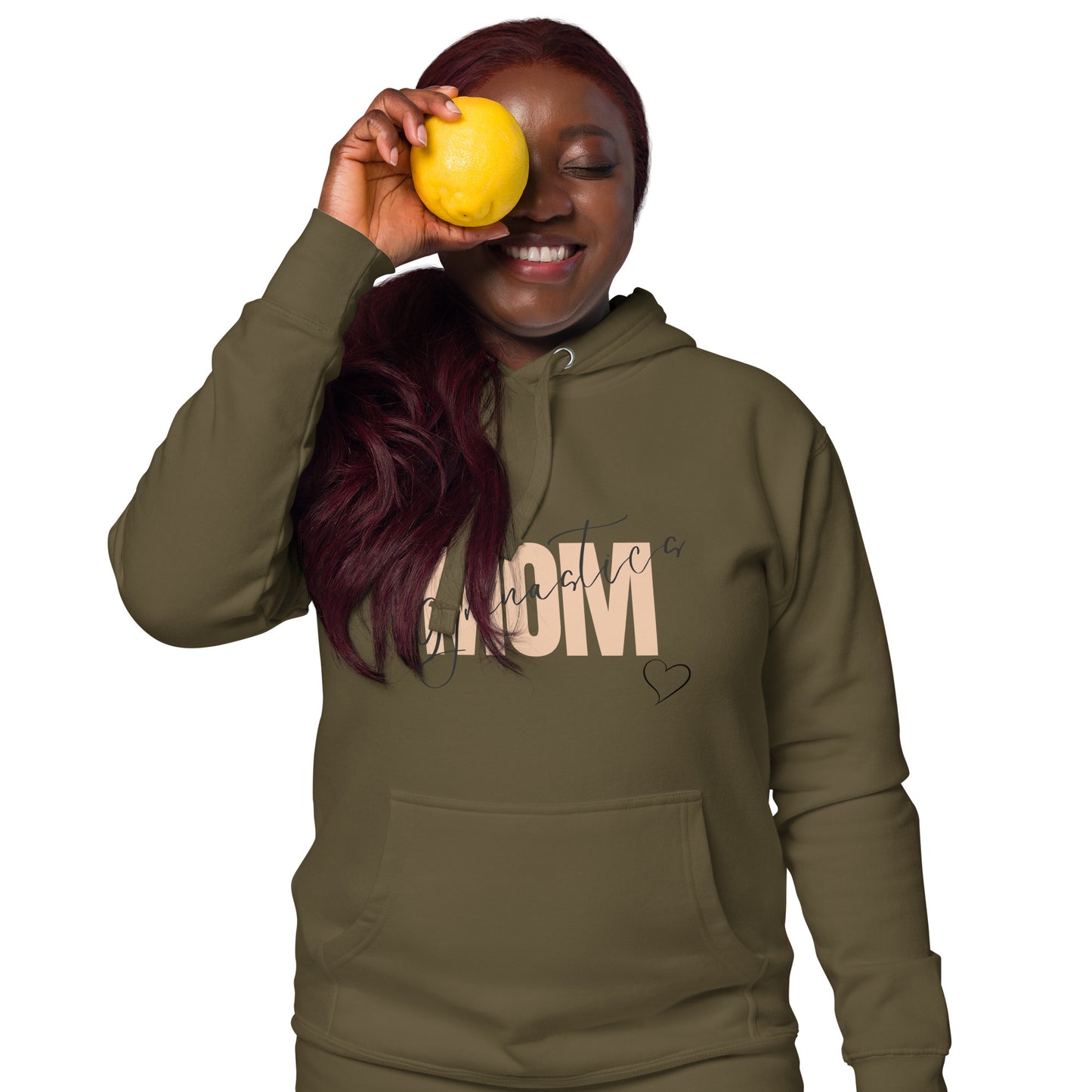 Olive green hoodie with front kangaroo pocket, hood, and MOM heart print