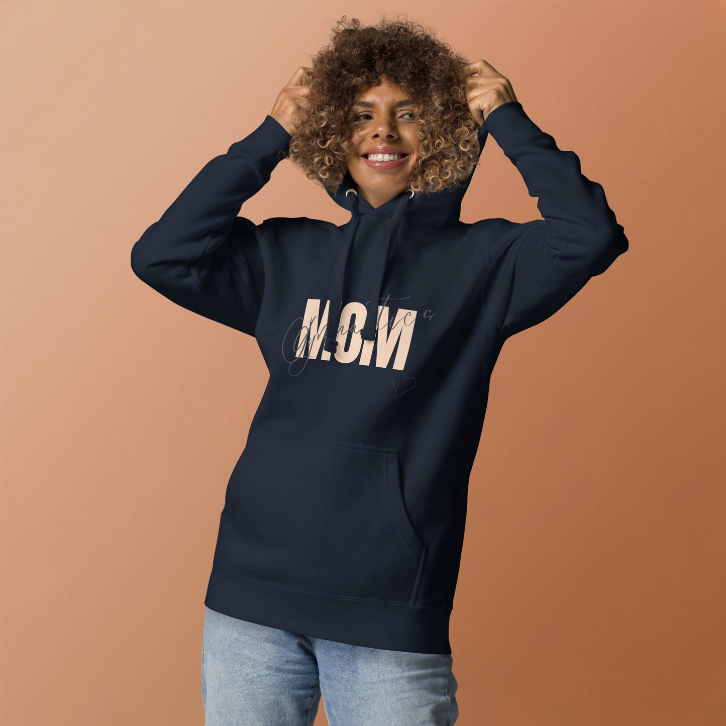 Navy hoodie with front kangaroo pocket, hood, and MOM heart print