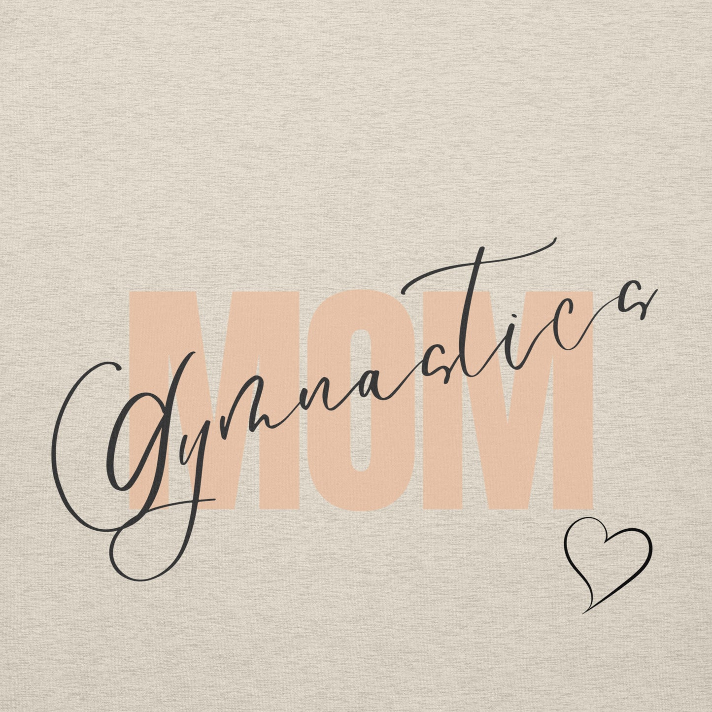 Light heather hoodie close-up of “Gymnastic MOM” graphic with heart outline