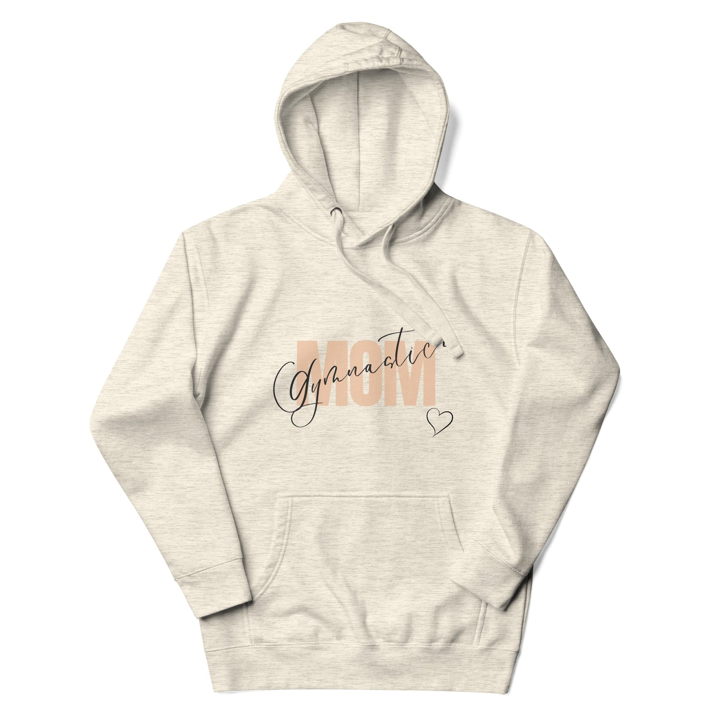 Oatmeal Heather hoodie with front pocket and cursive Gymnastic graphic with heart