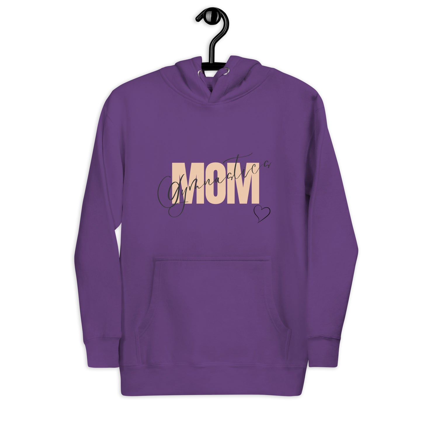 Purple hoodie hanging on hook, with hood, kangaroo pocket, and MOM heart print