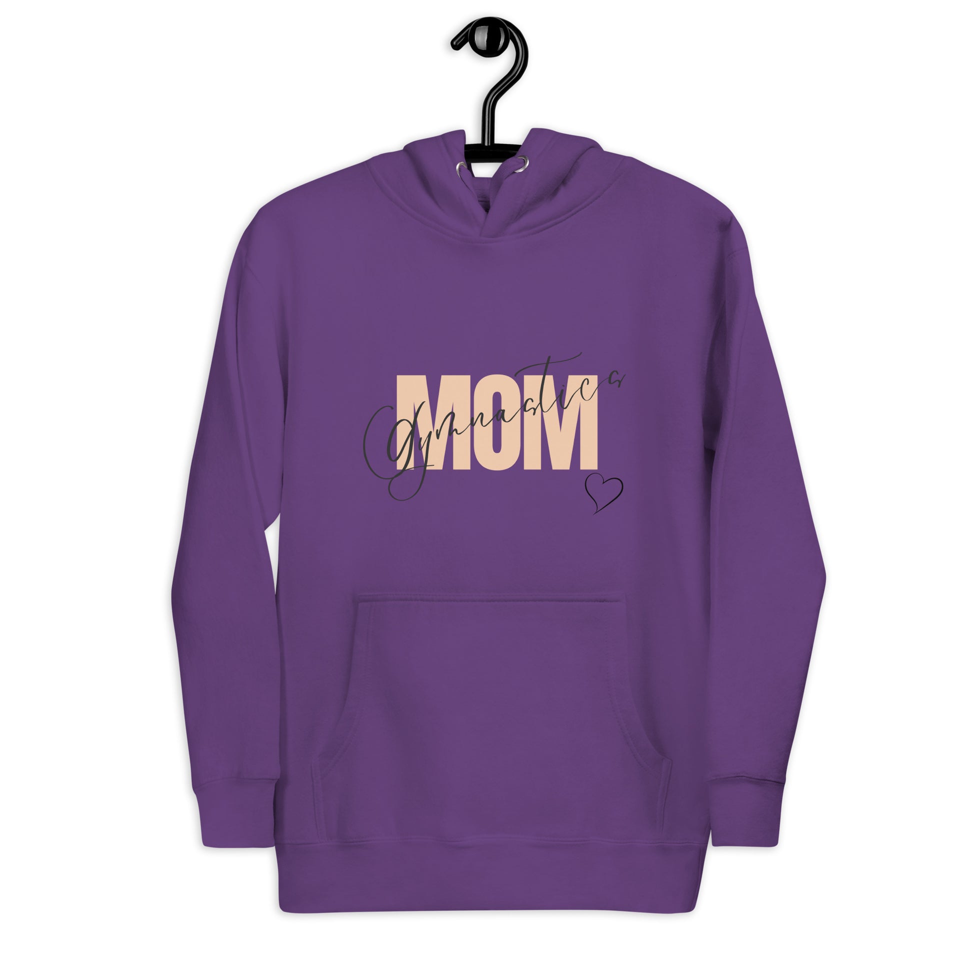 Purple hoodie hanging on hook, with hood, kangaroo pocket, and MOM heart print
