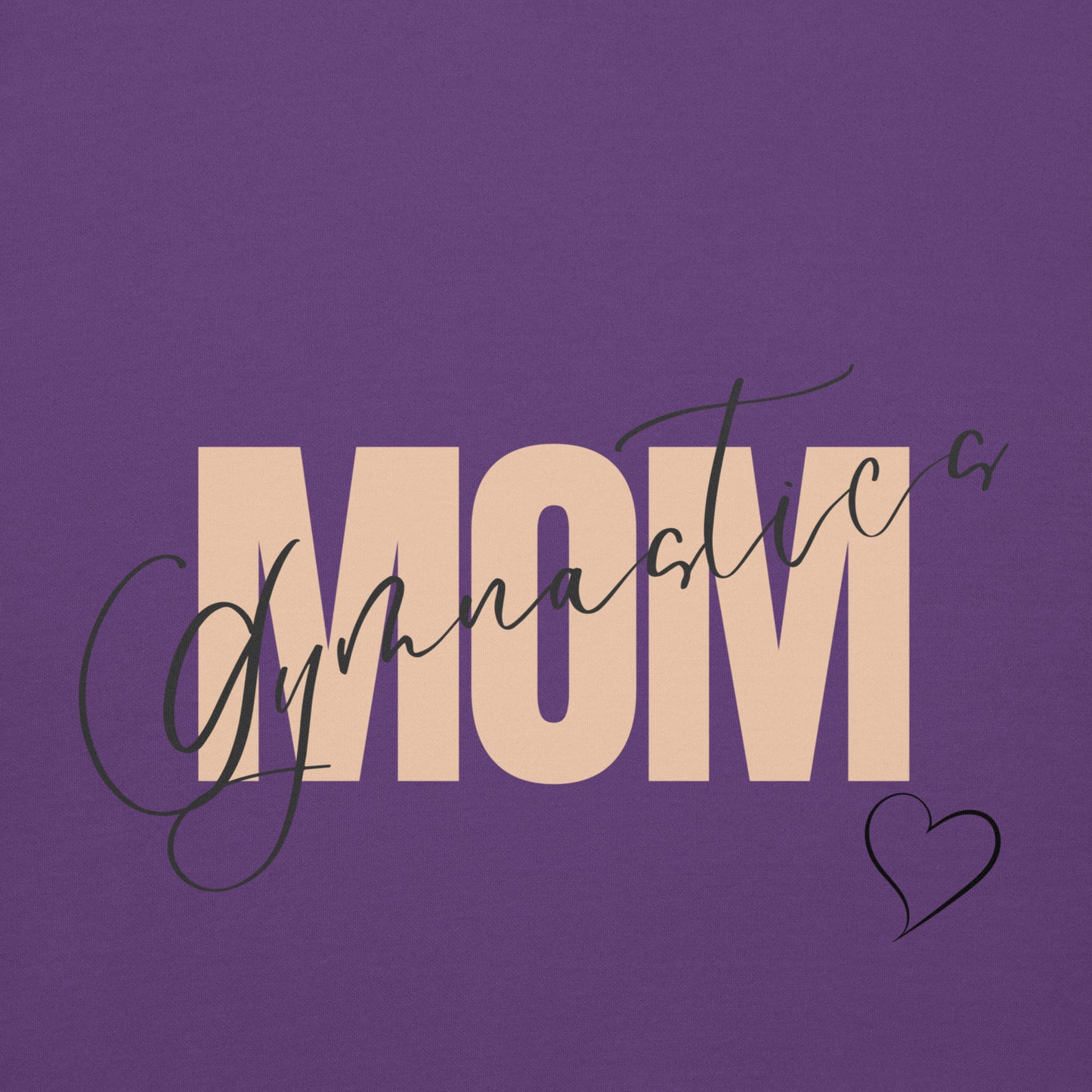Gymnastics mom hoodie in purple with “MOM” graphic and heart
