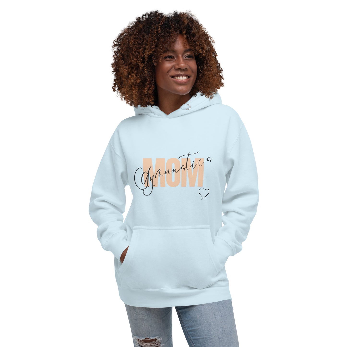 Sky blue pullover hoodie with “Gymnastic MOM” graphic and heart on the front