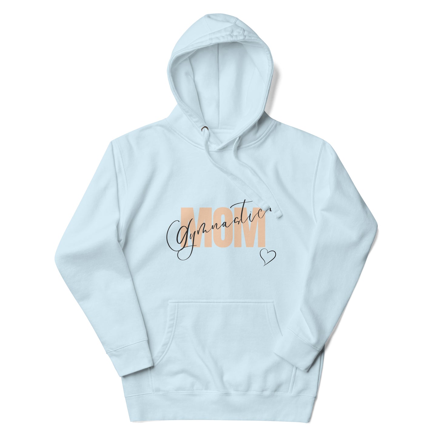 Light Sky Blue hoodie with front pocket and cursive Gymnastic graphic with heart