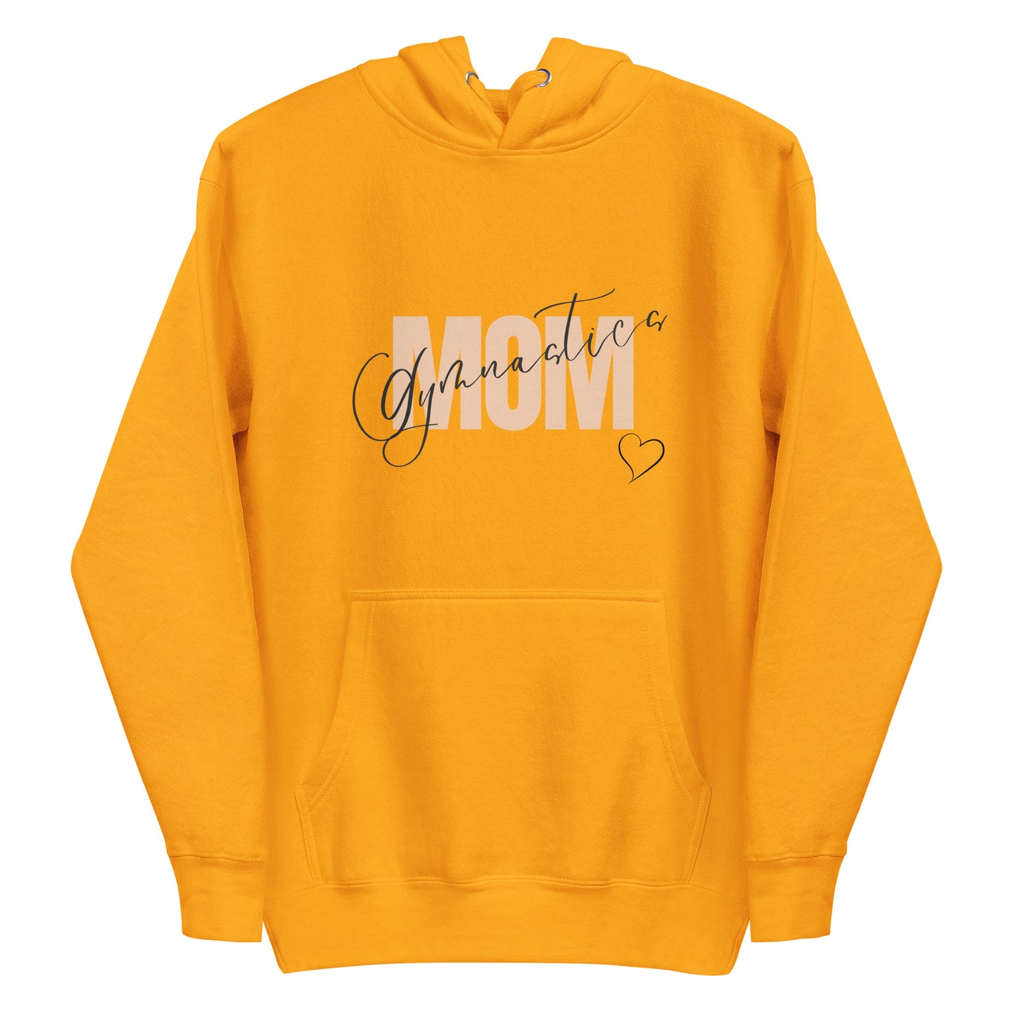 Gold pullover hoodie with “Gymnastic MOM” graphic and heart on the chest