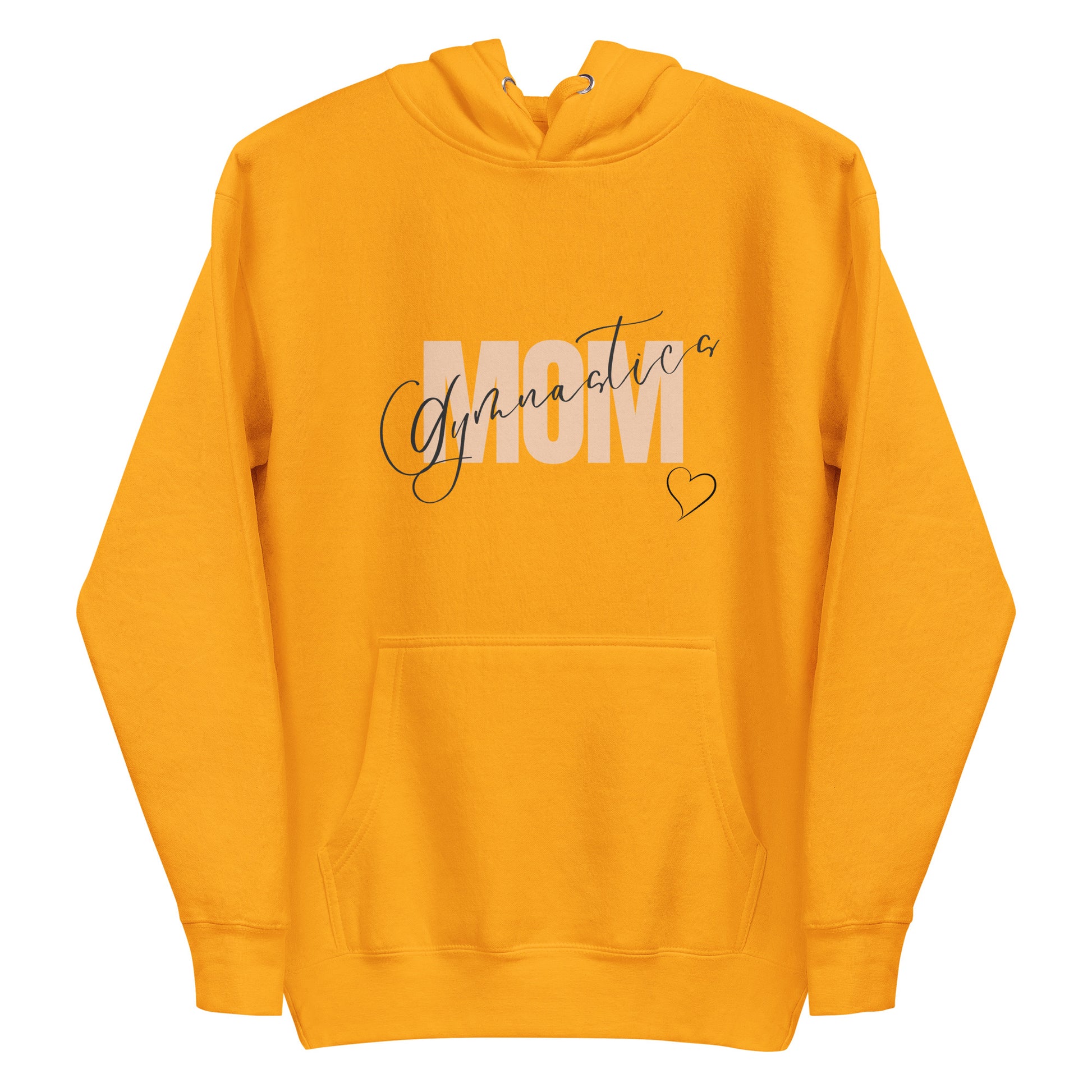 Gold pullover hoodie with “Gymnastic MOM” graphic and heart on the chest