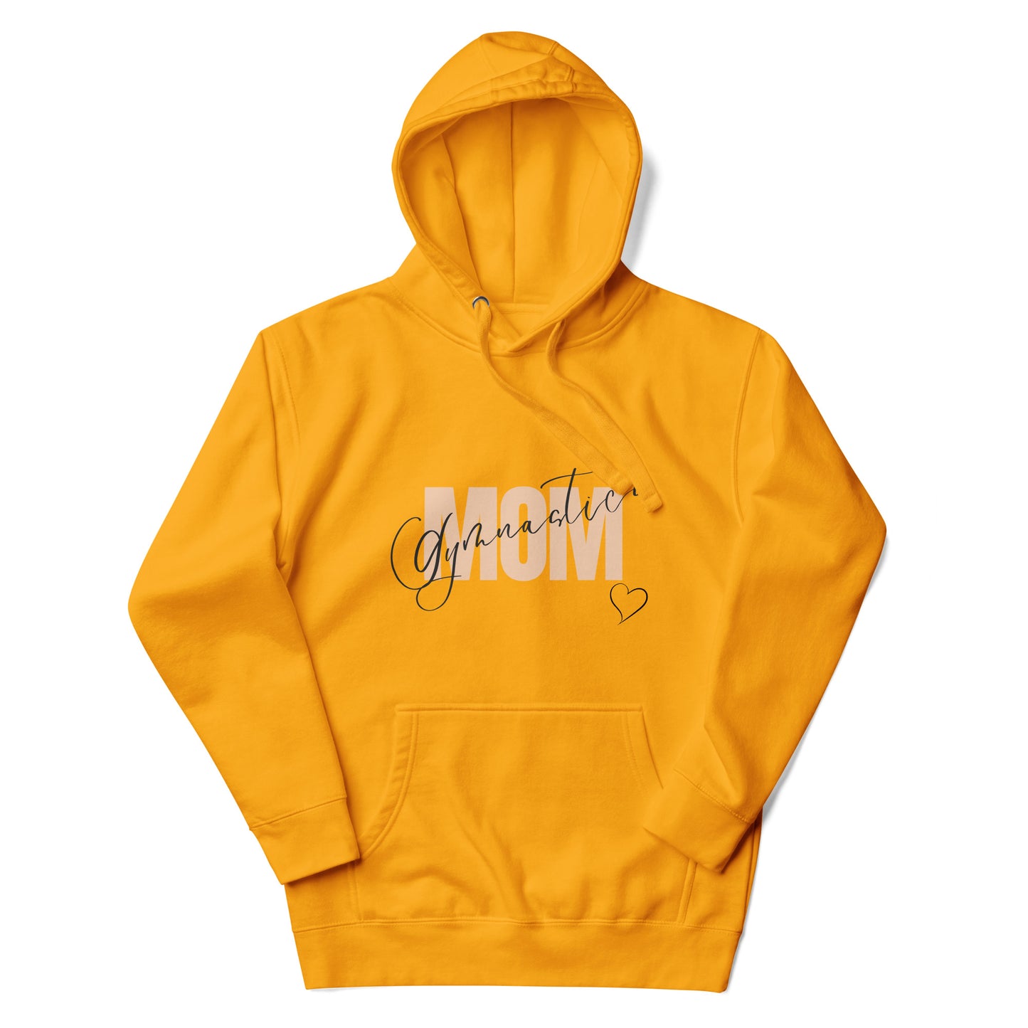 Team Gold hoodie with front pocket and cursive Gymnastic graphic with heart
