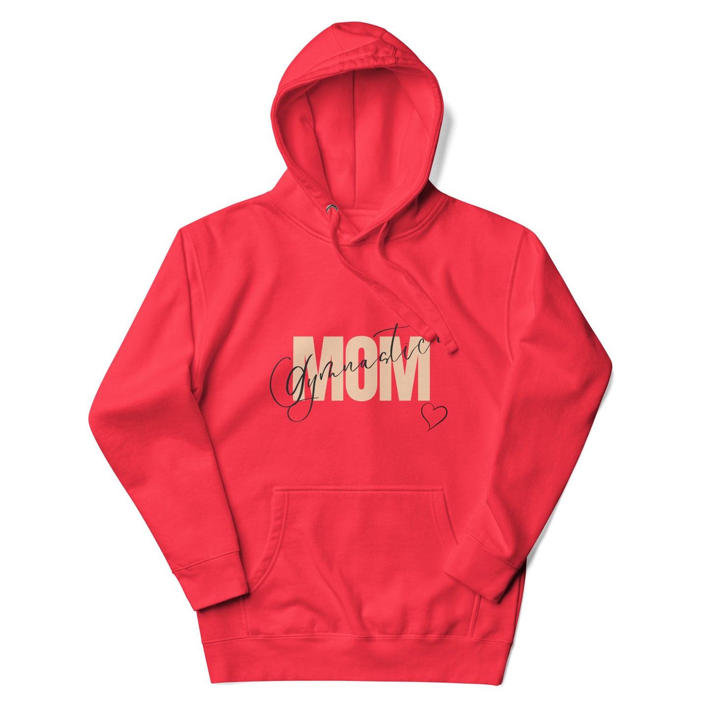 Red pullover hoodie with front “Gymnastic MOM” graphic and small heart at chest