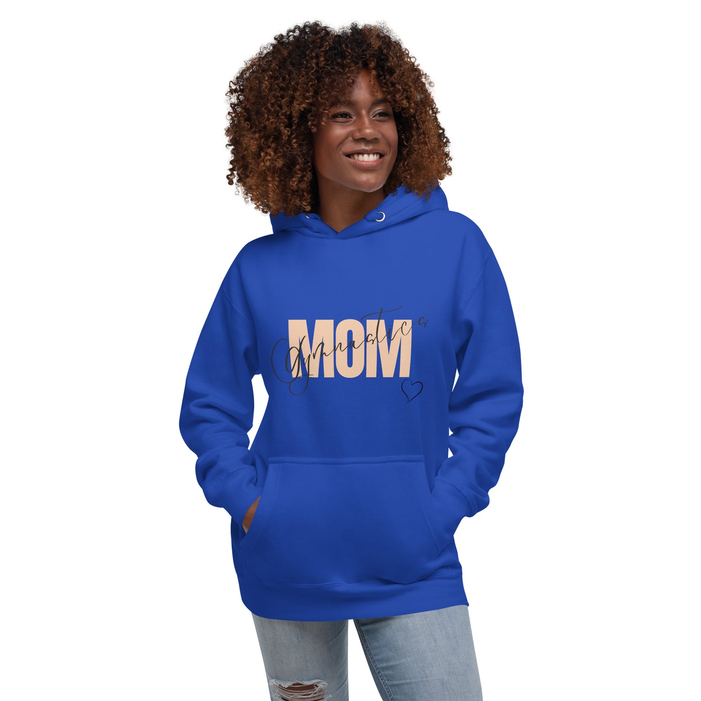 Royal blue hoodie with front kangaroo pocket, hood, and MOM heart print