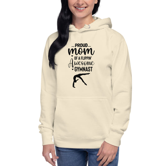 Women’s hoodie in light cream with “Proud mom” gymnast graphic on front and kangaroo pocket